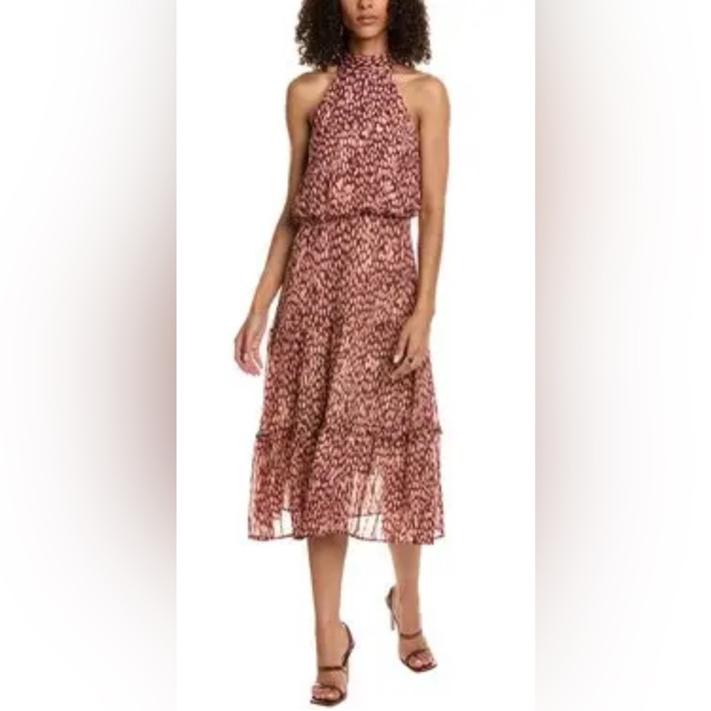 O.P.T. Savina Midi Dress Elegant Pink Red Brown Patterned Halter Dress- Small
